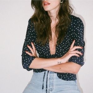 Realisation Par Bianca Silk Wrap Blouse Navy Star Tie Top